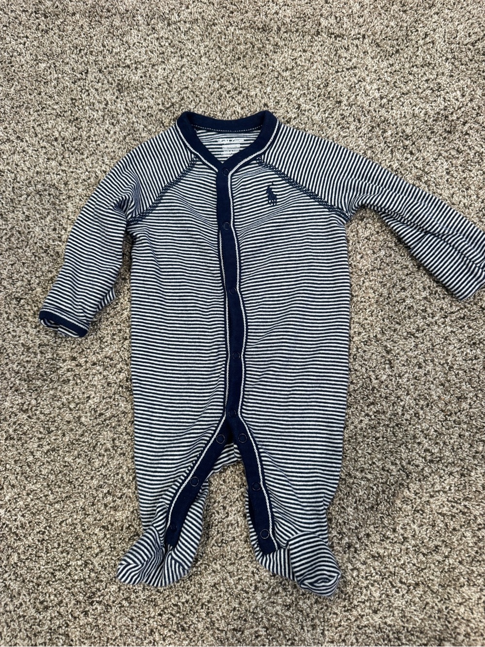 Ralph Lauren Navy & White Striped Footie with Polo Logo